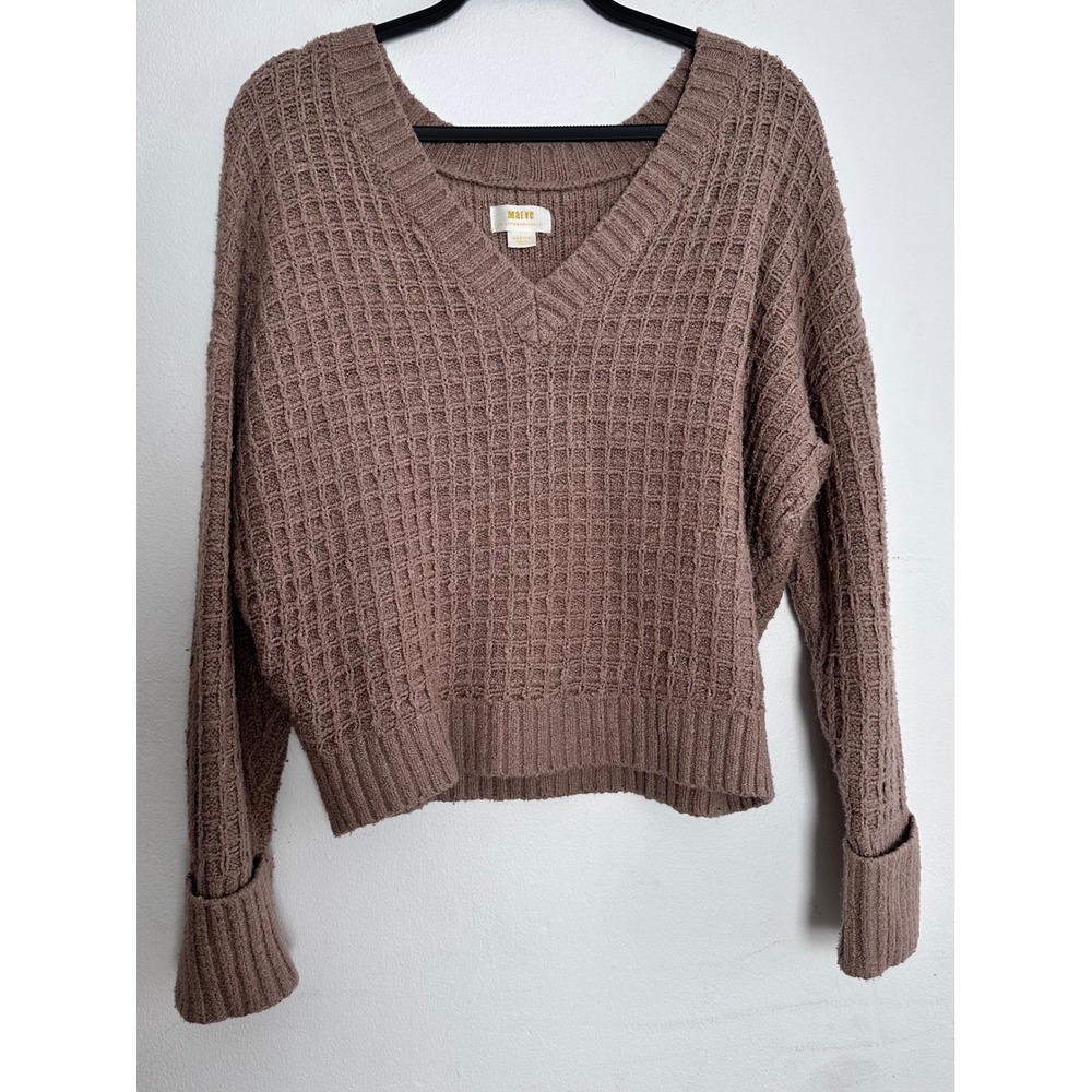 Maeve Waffle Knit V-Neck Cropped Sweater Brown Taupe Medium Cozy Slouchy Earthy‎
